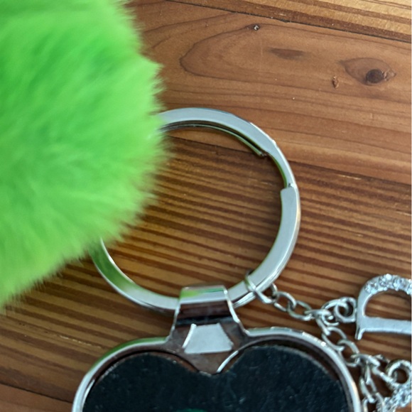 Green Fluffy Pom Pom Keychain Bag Charm with Heart and Charms - Picture 2 of 3
